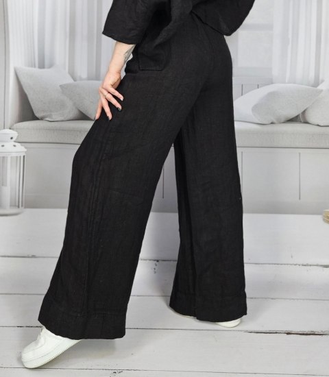 Szerokie spodnie z lnu kuloty z szeroka nogawką Eleganckie LAILA (Czarny) L (40) Szerokie spodnie z lnu kuloty z szeroka nogawką Eleganckie LAILA (Czarny) L (40)