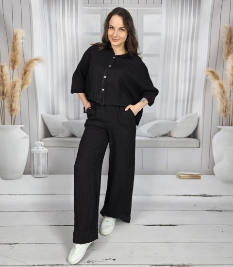 Szerokie spodnie z lnu kuloty z szeroka nogawką Eleganckie LAILA (Czarny) L (40) Szerokie spodnie z lnu kuloty z szeroka nogawką Eleganckie LAILA (Czarny) L (40)