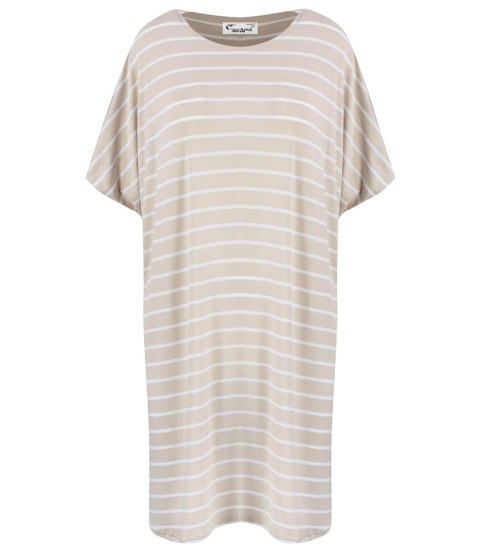 Sukienka tunika plus size w paski casual KALINDA (Biały || Beżowy) Sukienka tunika plus size w paski casual KALINDA (Biały || Beżowy)