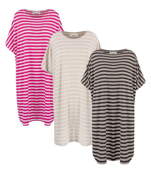 Sukienka tunika plus size w paski casual KALINDA (Biały || Beżowy) Sukienka tunika plus size w paski casual KALINDA (Biały || Beżowy)