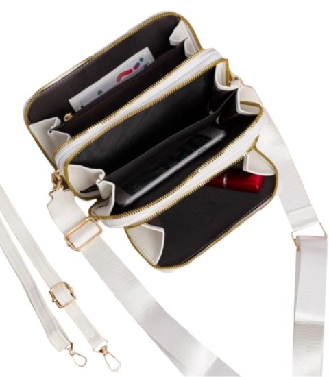 Elegancka mała prostokątna mini torebka kopertówka Stylowa 3 komory 2 paski (Biały) Elegancka mała prostokątna mini torebka kopertówka Stylowa 3 komory 2 paski (Biały)
