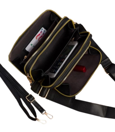 Elegancka mała prostokątna mini torebka kopertówka Stylowa 3 komory 2 paski (Czarny) Elegancka mała prostokątna mini torebka kopertówka Stylowa 3 komory 2 paski (Czarny)