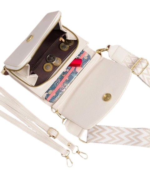Mała prostokątna mini torebka kopertówka elegancka stylowa 2 komory 2 paski (Ecru) Mała prostokątna mini torebka kopertówka elegancka stylowa 2 komory 2 paski (Ecru)