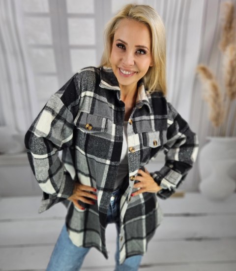 Luźna ciepła koszula damska w kratę kratkę Dłuższy tył CLARE (Czarny) S/M Luźna ciepła koszula damska w kratę kratkę Dłuższy tył CLARE (Czarny) S/M