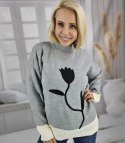Sweter damski półgolf ciepły nadruk kwiatka jesień zima ROSELYN (Szary)