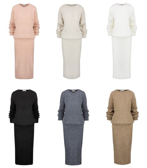 Dzianinowy komplet sweter + spódnica w jednolitym kolorze BELLA (Beżowy) Dzianinowy komplet sweter + spódnica w jednolitym kolorze BELLA (Beżowy)