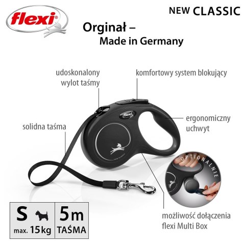 Smycz flexi automatyczna New Classic S czarna - taśma dla psa do 15 kg - 5 m Smycz flexi automatyczna New Classic S czarna - taśma dla psa do 15 kg - 5 m