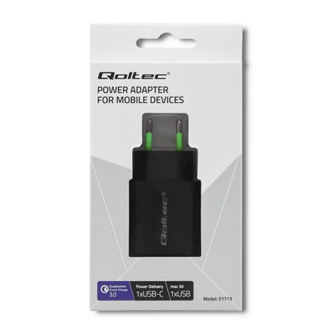 QOLTEC ŁADOWARKA SIECIOWA 18W | 5-12V | 1.5-3A | USB TYP C PD | USB QC 3.0 | CZARNA QOLTEC ŁADOWARKA SIECIOWA 18W | 5-12V | 1.5-3A | USB TYP C PD | USB QC 3.0 | CZARNA