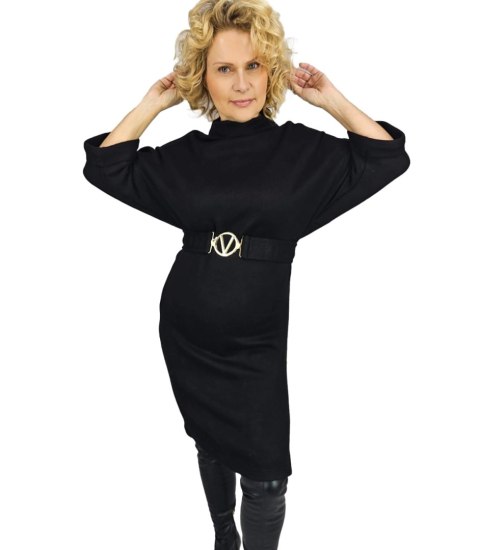 Dzianinowa sukienka midi z paskiem i rękawami typu nietoperz ALENA (Czarny) 3XL (46) Dzianinowa sukienka midi z paskiem i rękawami typu nietoperz ALENA (Czarny) 3XL (46)