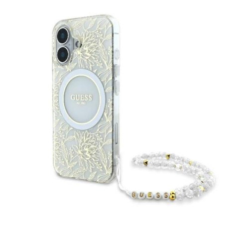 Guess IML Flowers Allover Electro With Pearl Strap MagSafe - Etui iPhone 16 Plus (biały) Guess IML Flowers Allover Electro With Pearl Strap MagSafe - Etui iPhone 16 Plus (biały)