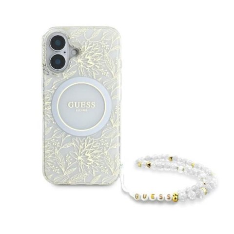 Guess IML Flowers Allover Electro With Pearl Strap MagSafe - Etui iPhone 16 Plus (biały) Guess IML Flowers Allover Electro With Pearl Strap MagSafe - Etui iPhone 16 Plus (biały)