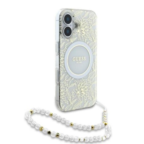 Guess IML Flowers Allover Electro With Pearl Strap MagSafe - Etui iPhone 16 Plus (biały) Guess IML Flowers Allover Electro With Pearl Strap MagSafe - Etui iPhone 16 Plus (biały)