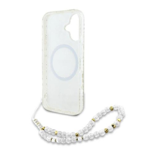 Guess IML Flowers Allover Electro With Pearl Strap MagSafe - Etui iPhone 16 Plus (biały) Guess IML Flowers Allover Electro With Pearl Strap MagSafe - Etui iPhone 16 Plus (biały)
