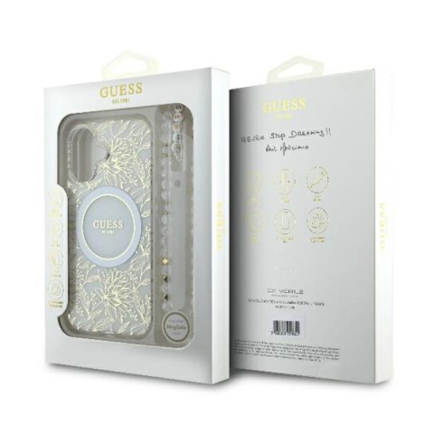 Guess IML Flowers Allover Electro With Pearl Strap MagSafe - Etui iPhone 16 Plus (biały) Guess IML Flowers Allover Electro With Pearl Strap MagSafe - Etui iPhone 16 Plus (biały)
