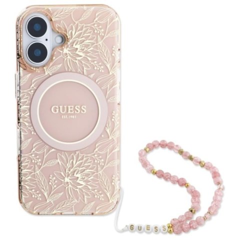 Guess IML Flowers Allover Electro With Pearl Strap MagSafe - Etui iPhone 16 Plus (różowy) Guess IML Flowers Allover Electro With Pearl Strap MagSafe - Etui iPhone 16 Plus (różowy)