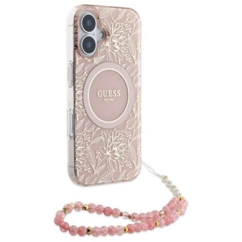 Guess IML Flowers Allover Electro With Pearl Strap MagSafe - Etui iPhone 16 Plus (różowy) Guess IML Flowers Allover Electro With Pearl Strap MagSafe - Etui iPhone 16 Plus (różowy)