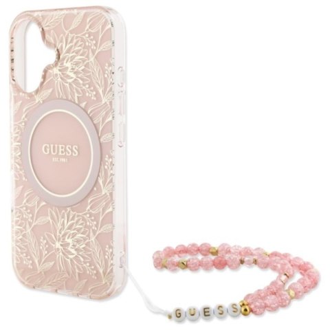 Guess IML Flowers Allover Electro With Pearl Strap MagSafe - Etui iPhone 16 Plus (różowy) Guess IML Flowers Allover Electro With Pearl Strap MagSafe - Etui iPhone 16 Plus (różowy)