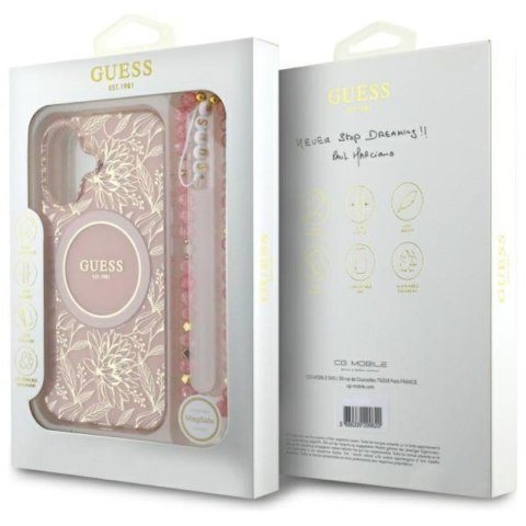Guess IML Flowers Allover Electro With Pearl Strap MagSafe - Etui iPhone 16 Plus (różowy) Guess IML Flowers Allover Electro With Pearl Strap MagSafe - Etui iPhone 16 Plus (różowy)