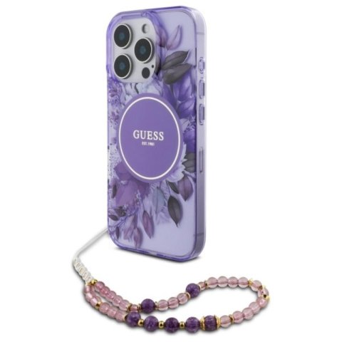 Guess IML Flowers With Pearl Strap MagSafe - Etui iPhone 16 Pro Max (fioletowy) Guess IML Flowers With Pearl Strap MagSafe - Etui iPhone 16 Pro Max (fioletowy)
