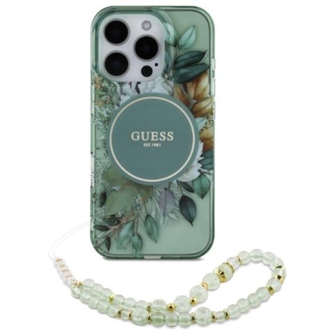 Guess IML Flowers With Pearl Strap MagSafe - Etui iPhone 16 Pro Max (zielony) Guess IML Flowers With Pearl Strap MagSafe - Etui iPhone 16 Pro Max (zielony)