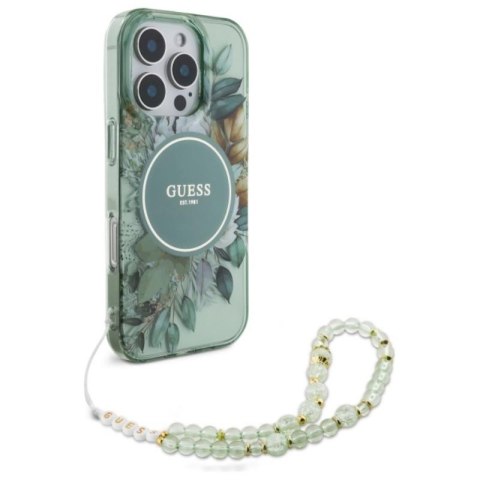 Guess IML Flowers With Pearl Strap MagSafe - Etui iPhone 16 Pro Max (zielony) Guess IML Flowers With Pearl Strap MagSafe - Etui iPhone 16 Pro Max (zielony)