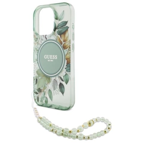Guess IML Flowers With Pearl Strap MagSafe - Etui iPhone 16 Pro Max (zielony) Guess IML Flowers With Pearl Strap MagSafe - Etui iPhone 16 Pro Max (zielony)