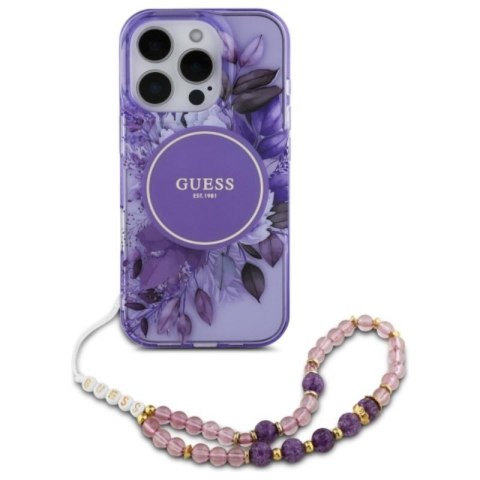 Guess IML Flowers With Pearl Strap MagSafe - Etui iPhone 16 Pro (fioletowy) Guess IML Flowers With Pearl Strap MagSafe - Etui iPhone 16 Pro (fioletowy)