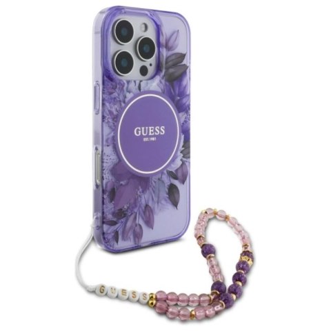 Guess IML Flowers With Pearl Strap MagSafe - Etui iPhone 16 Pro (fioletowy) Guess IML Flowers With Pearl Strap MagSafe - Etui iPhone 16 Pro (fioletowy)