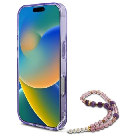 Guess IML Flowers With Pearl Strap MagSafe - Etui iPhone 16 Pro (fioletowy) Guess IML Flowers With Pearl Strap MagSafe - Etui iPhone 16 Pro (fioletowy)
