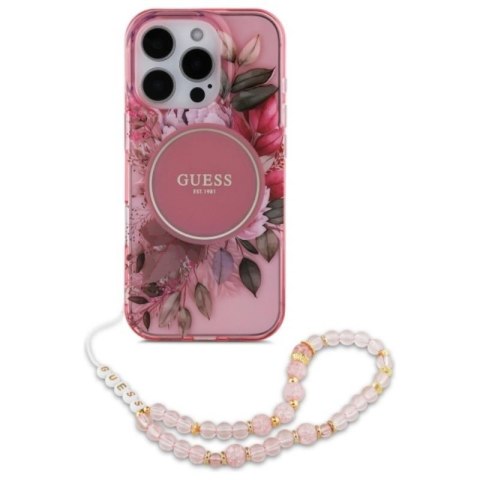 Guess IML Flowers With Pearl Strap MagSafe - Etui iPhone 16 Pro (różowy) Guess IML Flowers With Pearl Strap MagSafe - Etui iPhone 16 Pro (różowy)