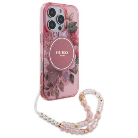Guess IML Flowers With Pearl Strap MagSafe - Etui iPhone 16 Pro (różowy) Guess IML Flowers With Pearl Strap MagSafe - Etui iPhone 16 Pro (różowy)