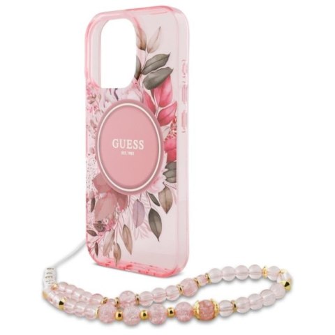 Guess IML Flowers With Pearl Strap MagSafe - Etui iPhone 16 Pro (różowy) Guess IML Flowers With Pearl Strap MagSafe - Etui iPhone 16 Pro (różowy)