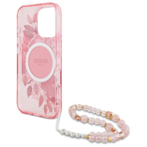 Guess IML Flowers With Pearl Strap MagSafe - Etui iPhone 16 Pro (różowy) Guess IML Flowers With Pearl Strap MagSafe - Etui iPhone 16 Pro (różowy)