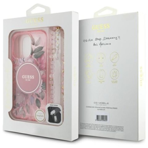 Guess IML Flowers With Pearl Strap MagSafe - Etui iPhone 16 Pro (różowy) Guess IML Flowers With Pearl Strap MagSafe - Etui iPhone 16 Pro (różowy)