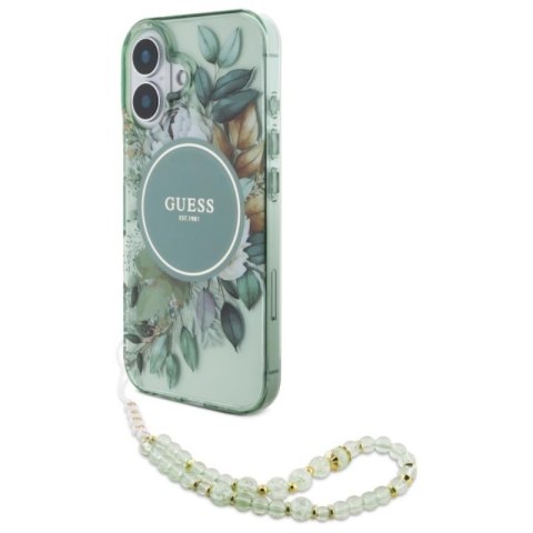 Guess IML Flowers With Pearl Strap MagSafe - Etui iPhone 16 (zielony) Guess IML Flowers With Pearl Strap MagSafe - Etui iPhone 16 (zielony)