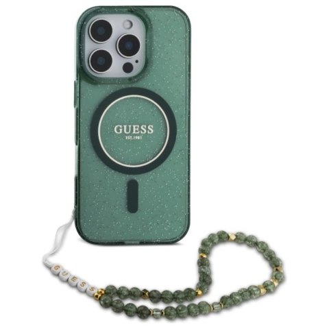 Guess IML Glitter With Pearl Strap MagSafe - Etui iPhone 16 Pro (zielony) Guess IML Glitter With Pearl Strap MagSafe - Etui iPhone 16 Pro (zielony)