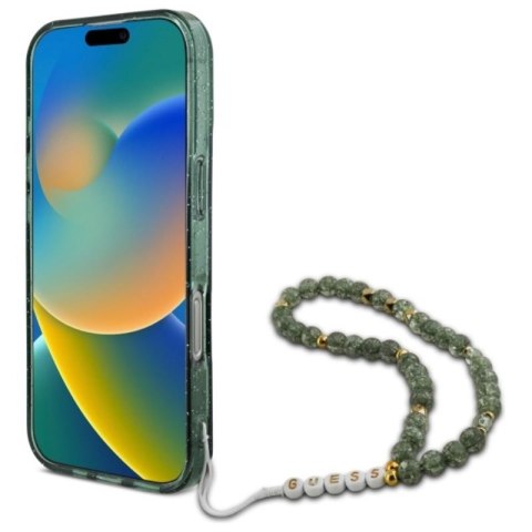Guess IML Glitter With Pearl Strap MagSafe - Etui iPhone 16 Pro (zielony) Guess IML Glitter With Pearl Strap MagSafe - Etui iPhone 16 Pro (zielony)