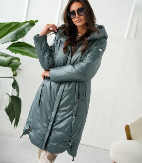 Długi elegancki płaszcz damski zimowy ocieplany delikatny połysk REGINA (Zielony) 54 Długi elegancki płaszcz damski zimowy ocieplany delikatny połysk REGINA (Zielony) 54
