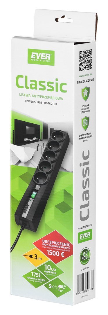 Listwa antyprzepięciowa Ever Classic 3,0m (5 x UTE; 10 A; kolor czarny) (T/LZ09-CLA030/0000) Listwa antyprzepięciowa Ever Classic 3,0m (5 x UTE; 10 A; kolor czarny) (T/LZ09-CLA030/0000)