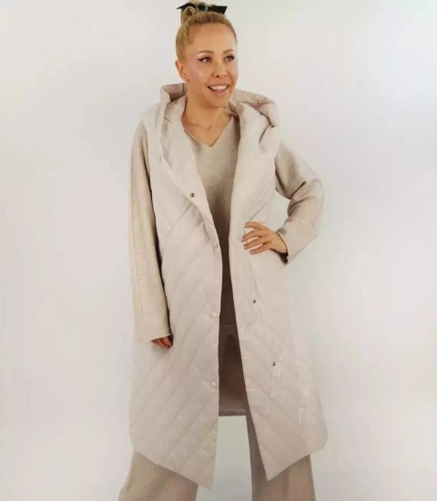 Długi damski BEZRĘKAWNIK Ciepła z kapturem kamizelka wiązana OLGA (Beżowy)