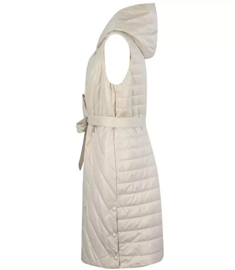 Długi damski BEZRĘKAWNIK Ciepła z kapturem kamizelka wiązana OLGA (Beżowy)