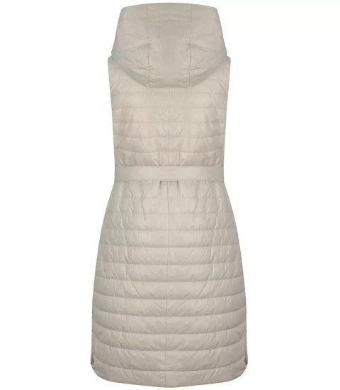 Długi damski BEZRĘKAWNIK Ciepła z kapturem kamizelka wiązana OLGA (Beżowy)