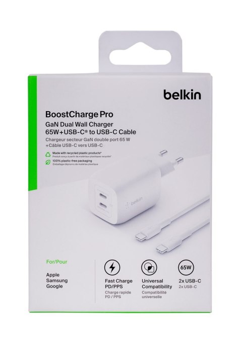 Ładowarka Belkin BoostCharge Pro Dual USB-C PD 3.0 PPS GaN Wall Charger 65W + USB-C to USB-C Cable 2m White Ładowarka Belkin BoostCharge Pro Dual USB-C PD 3.0 PPS GaN Wall Charger 65W + USB-C to USB-C Cable 2m White