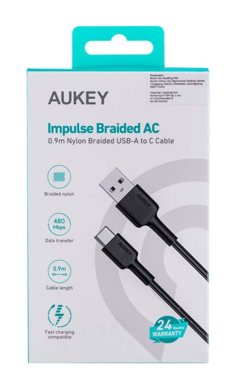 AUKEY CB-CD30 KABEL USB-C QC PD 0.9M 3A NYLON AUKEY CB-CD30 KABEL USB-C QC PD 0.9M 3A NYLON