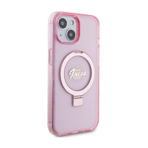 Guess Ring Stand Script Glitter MagSafe - Etui iPhone 15 (różowy) Guess Ring Stand Script Glitter MagSafe - Etui iPhone 15 (różowy)