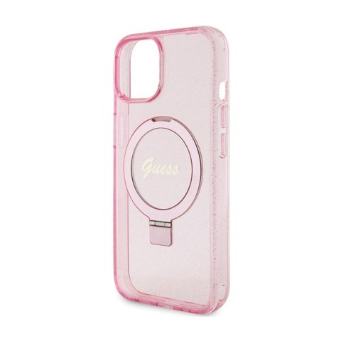 Guess Ring Stand Script Glitter MagSafe - Etui iPhone 15 (różowy) Guess Ring Stand Script Glitter MagSafe - Etui iPhone 15 (różowy)