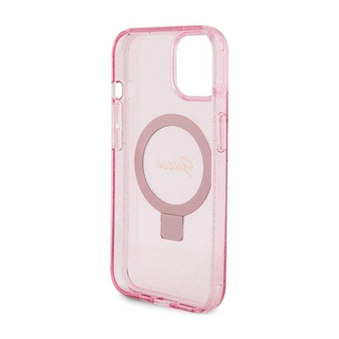 Guess Ring Stand Script Glitter MagSafe - Etui iPhone 15 (różowy) Guess Ring Stand Script Glitter MagSafe - Etui iPhone 15 (różowy)