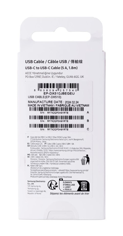Kabel Samsung EP-DX510JB USB-C/USB-C 1,8m 5A, czarny Kabel Samsung EP-DX510JB USB-C/USB-C 1,8m 5A, czarny