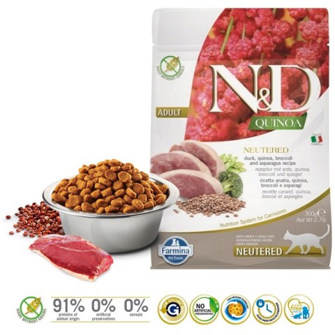 FARMINA N&D Quinoa Cat Duck, Broccoli, Asparagus Neutered Adult - sucha karma dla kota - 300 g FARMINA N&D Quinoa Cat Duck, Broccoli, Asparagus Neutered Adult - sucha karma dla kota - 300 g