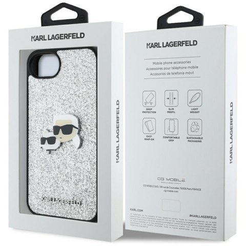 Karl Lagerfeld Fixed Glitter Karl & Choupette Heads Metal Pin - Etui do iPhone 16e (srebrny) Karl Lagerfeld Fixed Glitter Karl & Choupette Heads Metal Pin - Etui do iPhone 16e (srebrny)